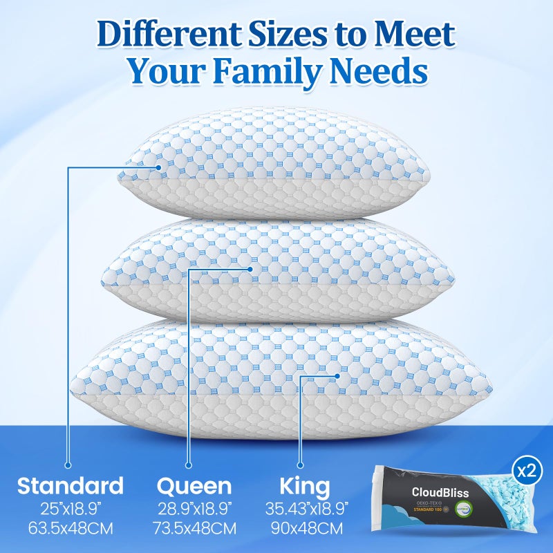 CloudBliss Shredded Memory Foam Pillow for Sleeping - Adjustable Cooling Pillow with Breathable Washable Cover, CertiPUR-US Certified, 1 Pack Queen Size for Side/Back/Stomach Sleepers - Image 2